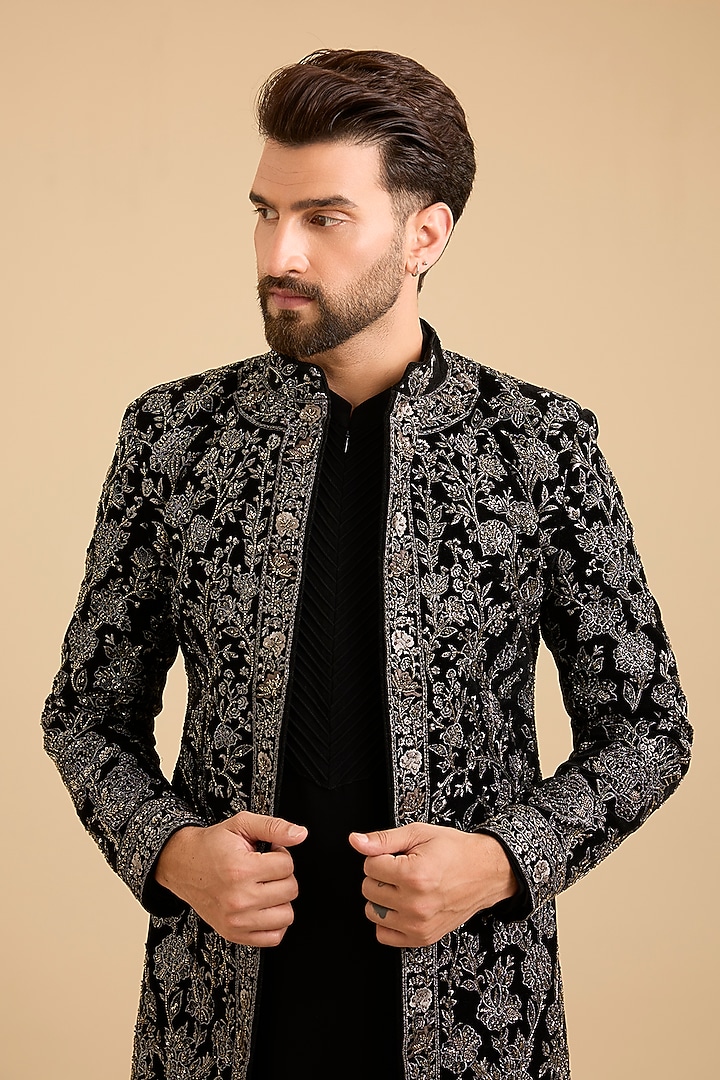 Black Velvet Groom Indowestern Set by Sarab Khanijou at Pernia's Pop Up Shop