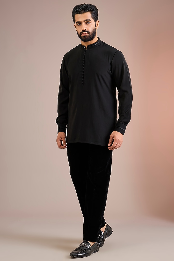 Black Velvet Groom Indowestern Set by Sarab Khanijou at Pernia's Pop Up Shop