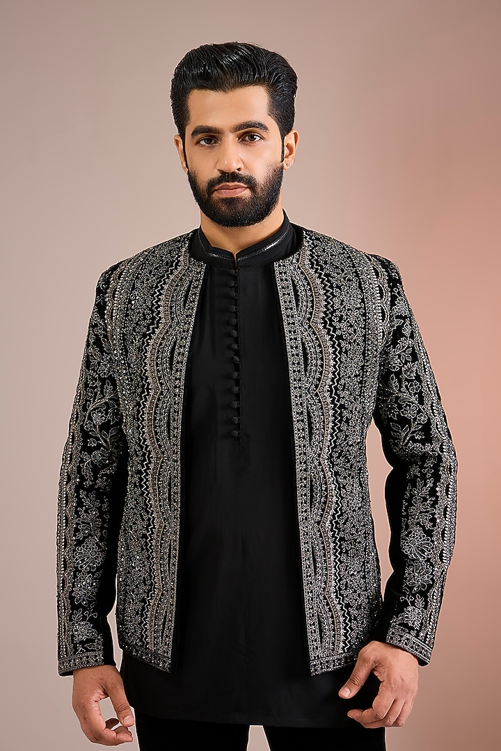 Black Velvet Groom Indowestern Set by Sarab Khanijou at Pernia's Pop Up Shop