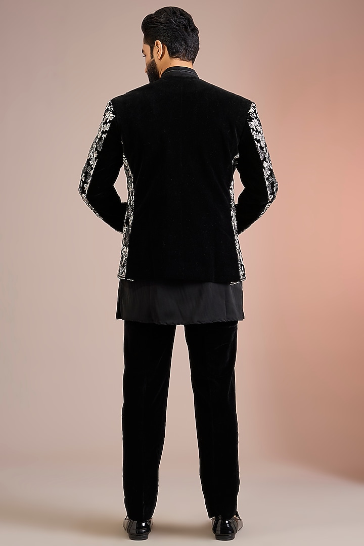 Black Velvet Groom Indowestern Set by Sarab Khanijou at Pernia's Pop Up Shop