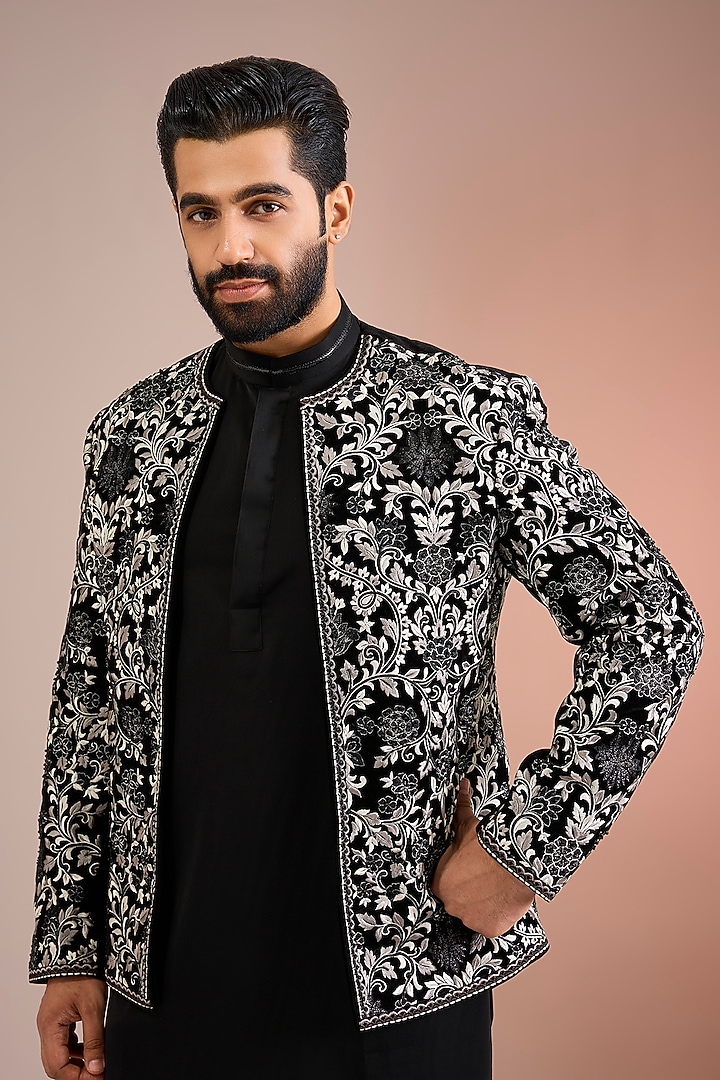 Black Velvet Groom Indowestern Set by Sarab Khanijou at Pernia's Pop Up Shop
