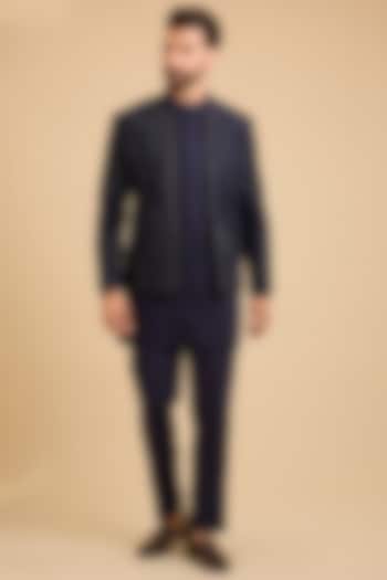 Midnight Blue Silk Groom Indowestern Set by Sarab Khanijou at Pernia's Pop Up Shop