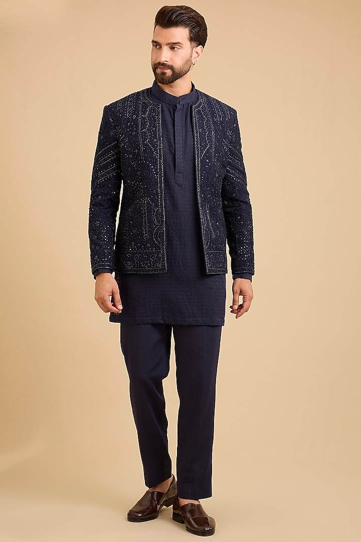 Midnight Blue Silk Groom Indowestern Set by Sarab Khanijou at Pernia's Pop Up Shop