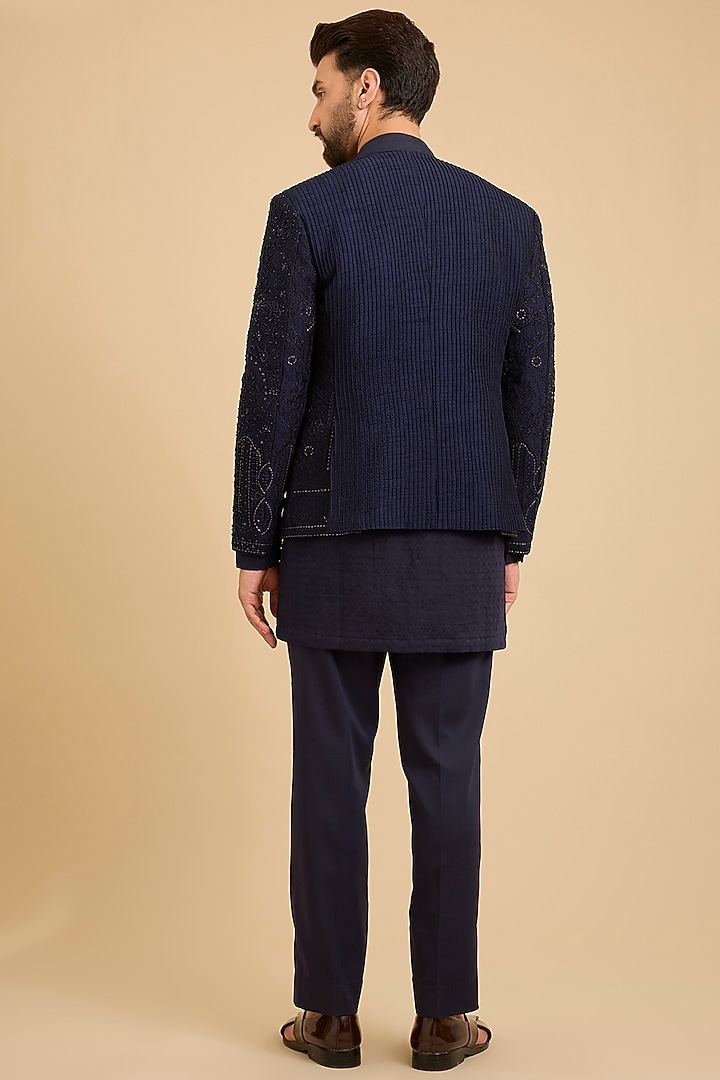 Midnight Blue Silk Groom Indowestern Set by Sarab Khanijou at Pernia's Pop Up Shop