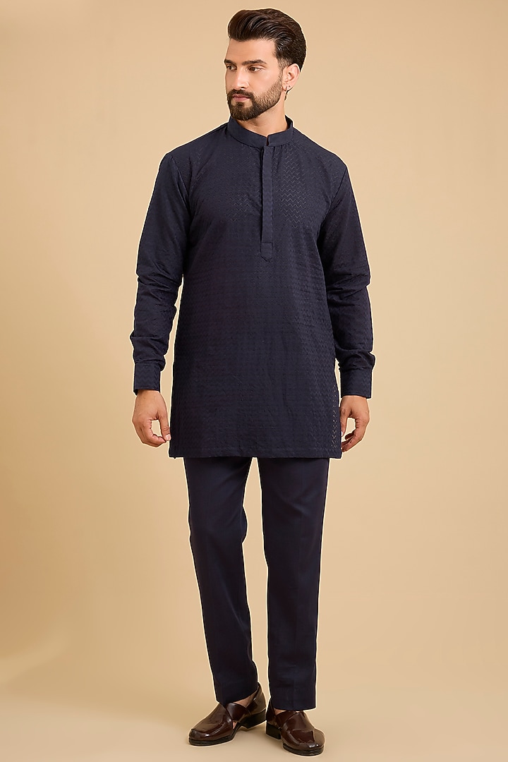 Midnight Blue Silk Groom Indowestern Set by Sarab Khanijou at Pernia's Pop Up Shop