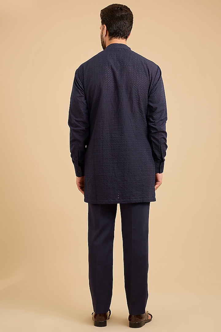 Midnight Blue Silk Groom Indowestern Set by Sarab Khanijou at Pernia's Pop Up Shop