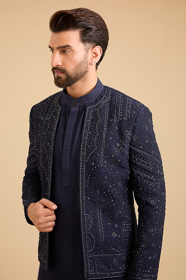 Midnight Blue Silk Groom Indowestern Set by Sarab Khanijou at Pernia's Pop Up Shop