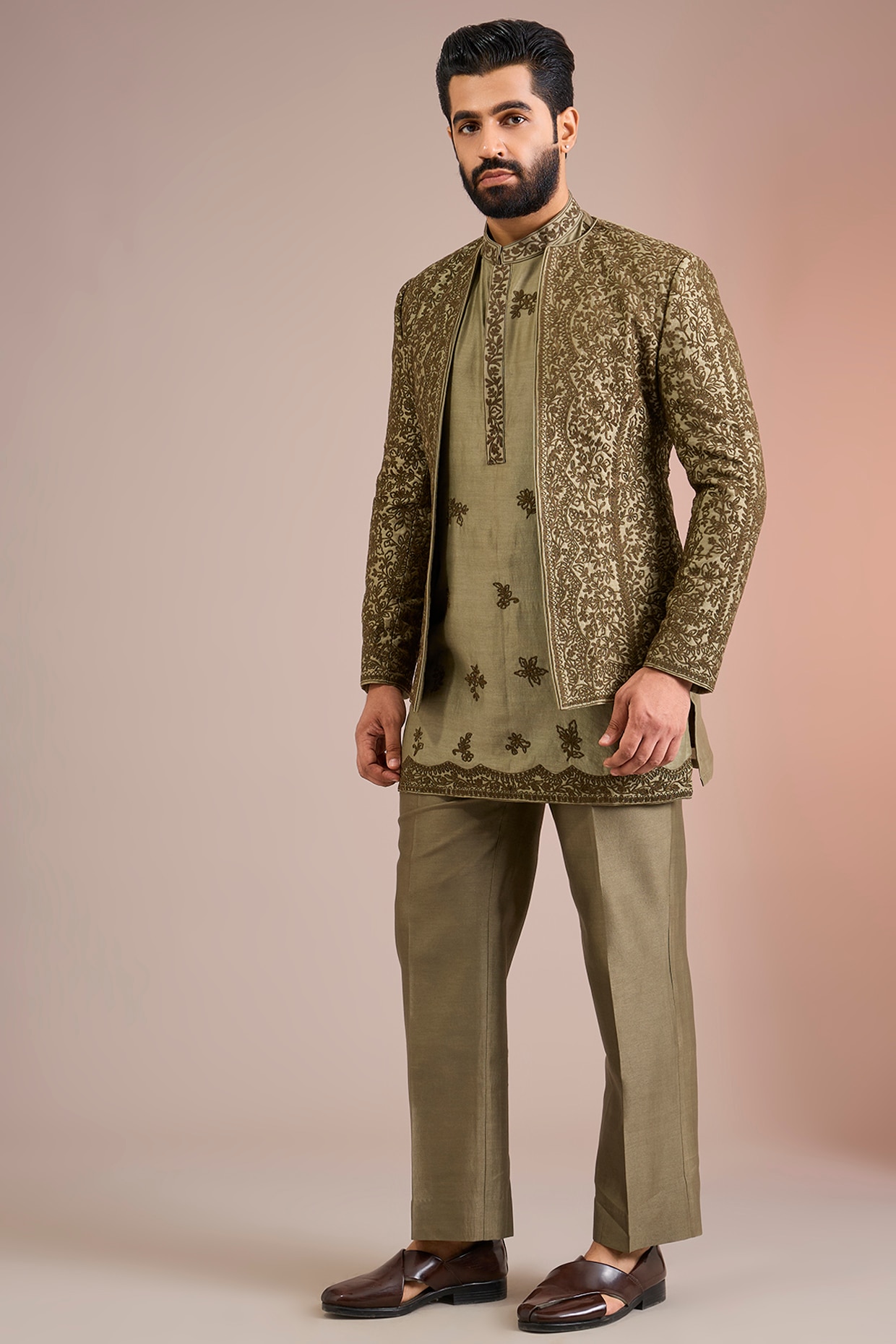 Sarab Khanijou Sage Green Raw Silk Indowestern Set