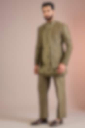 Sage Green Raw Silk Groom Indowestern Set by Sarab Khanijou at Pernia's Pop Up Shop
