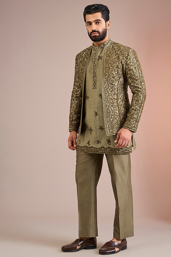 Sage Green Raw Silk Groom Indowestern Set by Sarab Khanijou at Pernia's Pop Up Shop