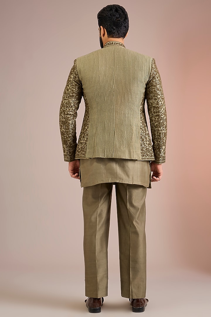 Sage Green Raw Silk Groom Indowestern Set by Sarab Khanijou at Pernia's Pop Up Shop
