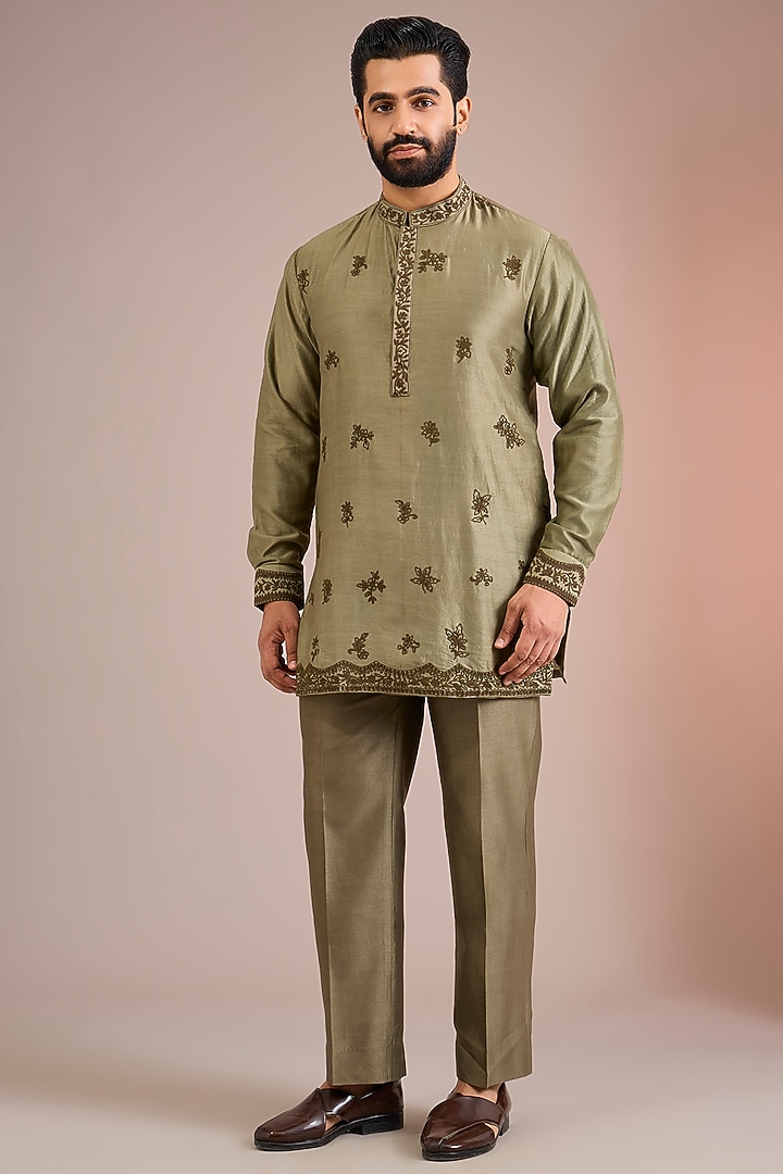 Sage Green Raw Silk Groom Indowestern Set by Sarab Khanijou at Pernia's Pop Up Shop