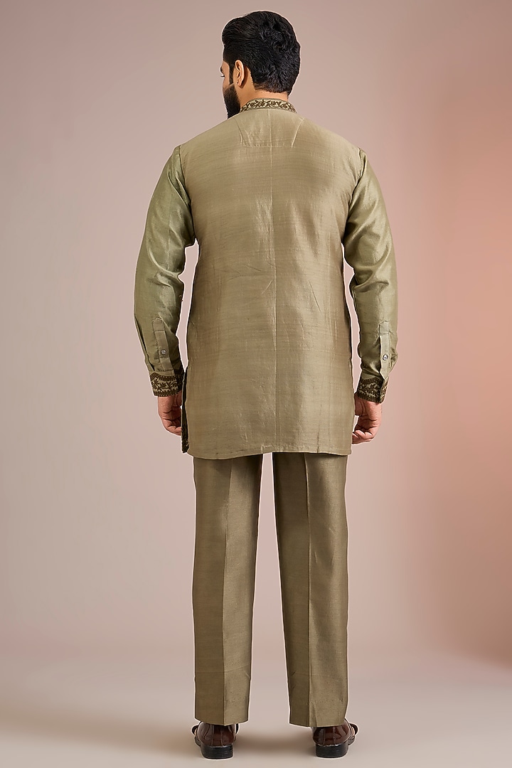 Sage Green Raw Silk Groom Indowestern Set by Sarab Khanijou at Pernia's Pop Up Shop