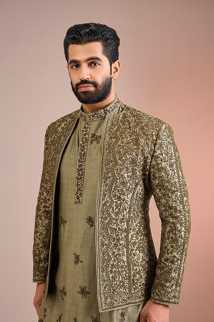 Sage Green Raw Silk Groom Indowestern Set by Sarab Khanijou at Pernia's Pop Up Shop