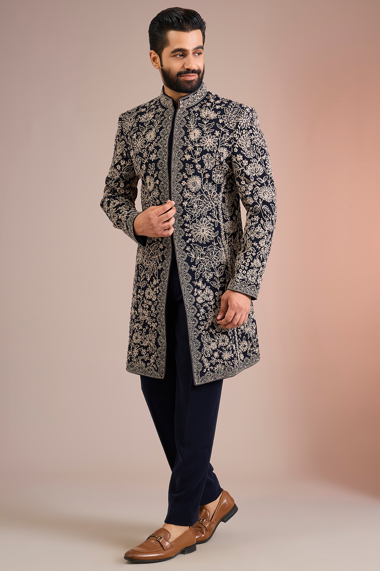 Sarab Khanijou Navy Blue & Ivory Sandwash Sherwani Set