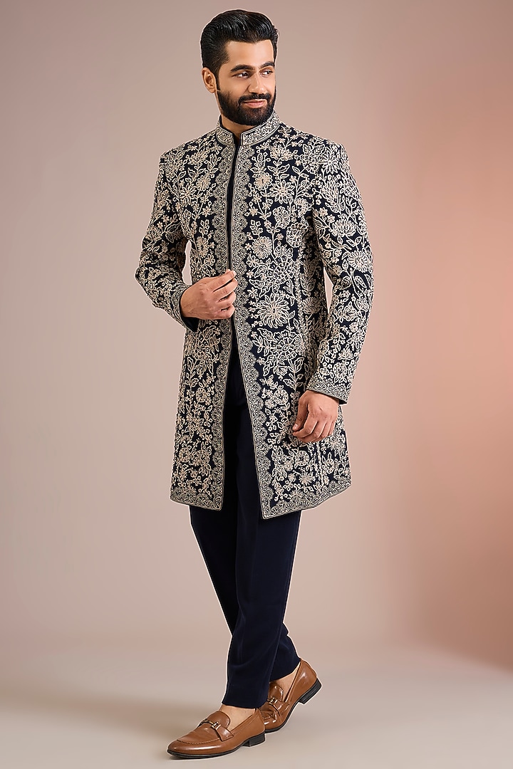 Navy Blue & Ivory Sandwash Groom Sherwani Set by Sarab Khanijou at Pernia's Pop Up Shop