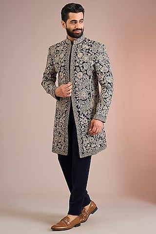 Navy Blue & Ivory Sandwash Sherwani Set by Sarab Khanijou