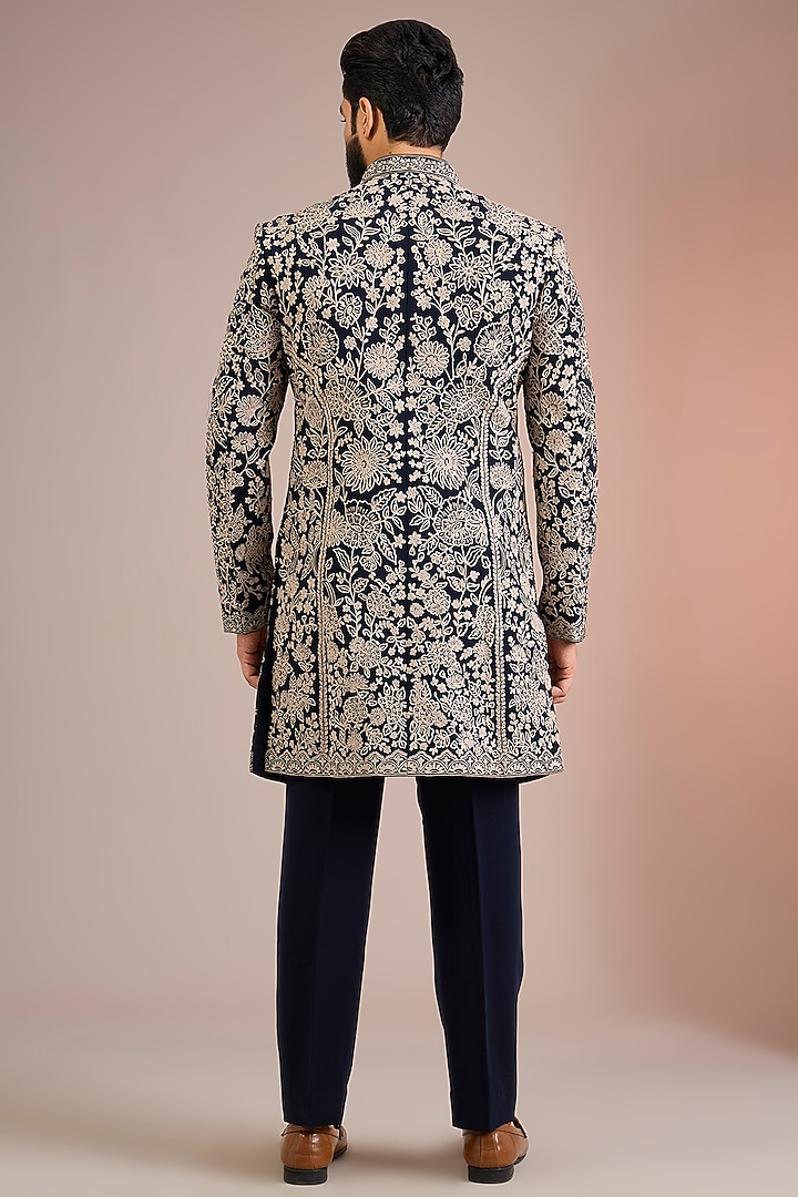 Navy Blue & Ivory Sandwash Groom Sherwani Set by Sarab Khanijou at Pernia's Pop Up Shop