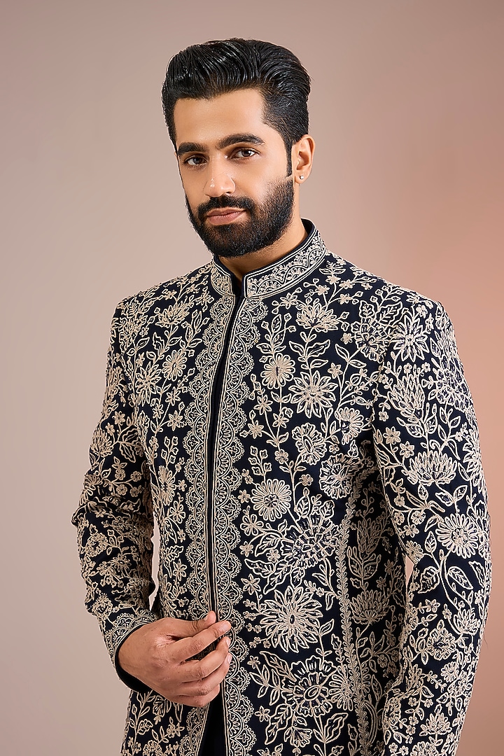 Navy Blue & Ivory Sandwash Groom Sherwani Set by Sarab Khanijou at Pernia's Pop Up Shop