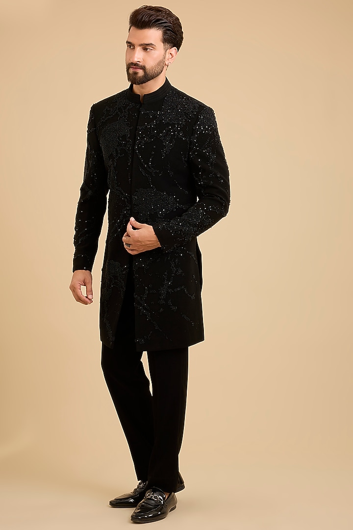 Black Suiting Groom Indowestern Set by Sarab Khanijou at Pernia's Pop Up Shop