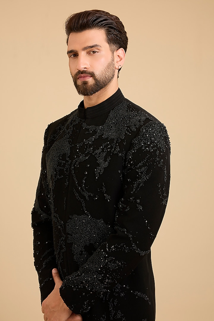 Black Suiting Groom Indowestern Set by Sarab Khanijou at Pernia's Pop Up Shop
