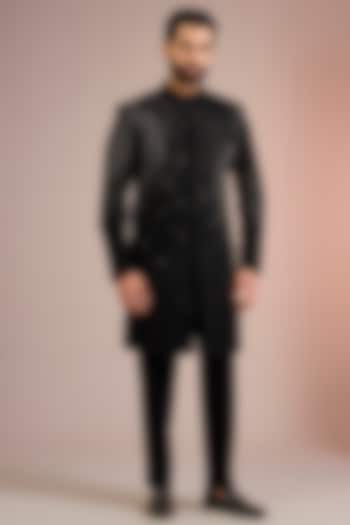 Black Sandwash Groom Sherwani Set by Sarab Khanijou at Pernia's Pop Up Shop