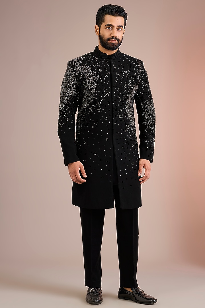Black Sandwash Groom Sherwani Set by Sarab Khanijou at Pernia's Pop Up Shop