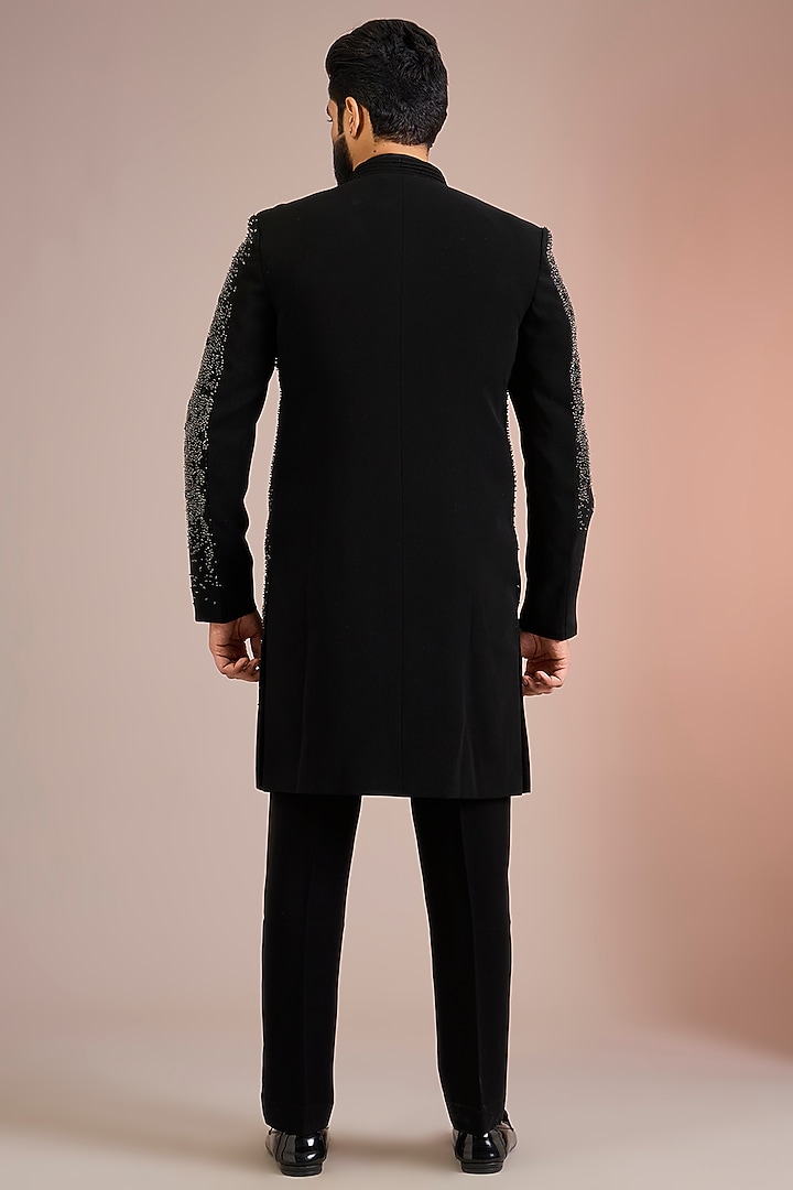 Black Sandwash Groom Sherwani Set by Sarab Khanijou at Pernia's Pop Up Shop