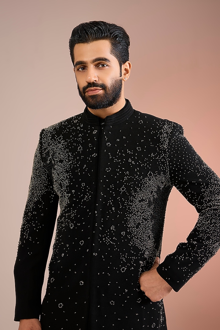 Black Sandwash Groom Sherwani Set by Sarab Khanijou at Pernia's Pop Up Shop