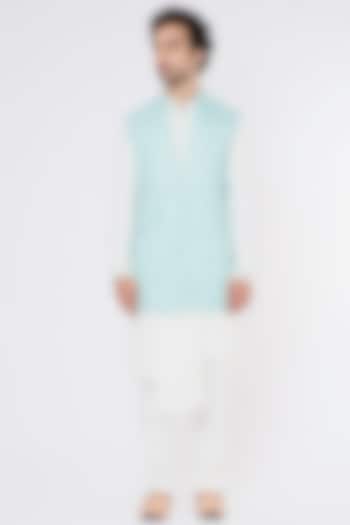 Sky Blue Cotton Silk Embroidered Bundi Jacket Set by Sarab Khanijou at Pernia's Pop Up Shop