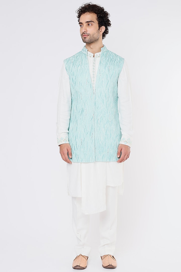 Sky Blue Cotton Silk Embroidered Bundi Jacket Set by Sarab Khanijou at Pernia's Pop Up Shop