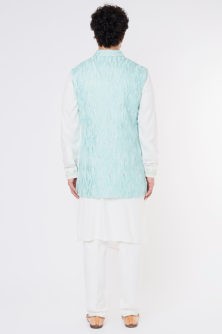 Sky Blue Cotton Silk Embroidered Bundi Jacket Set by Sarab Khanijou at Pernia's Pop Up Shop