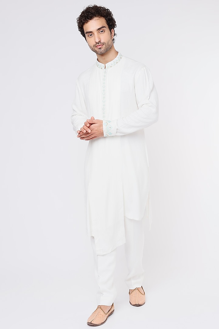 Sky Blue Cotton Silk Embroidered Bundi Jacket Set by Sarab Khanijou at Pernia's Pop Up Shop