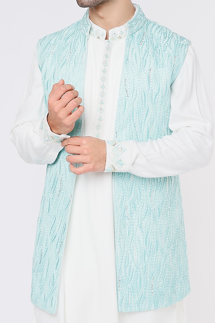 Sky Blue Cotton Silk Embroidered Bundi Jacket Set by Sarab Khanijou at Pernia's Pop Up Shop