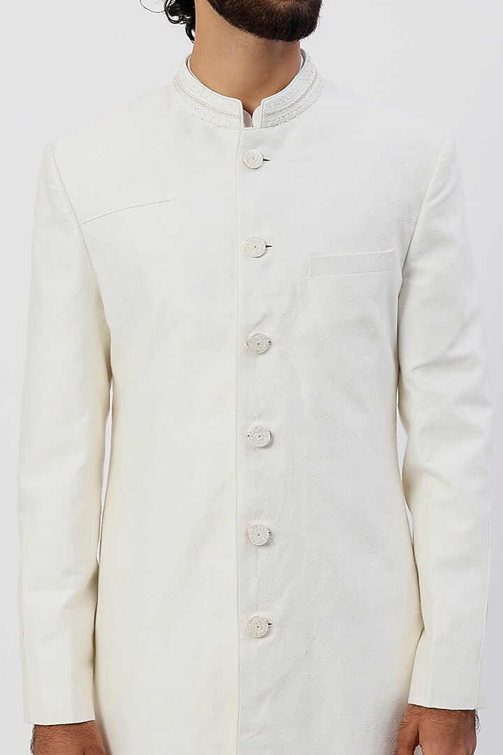 White Brocade Wedding Sherwani Set by Sarab Khanijou at Pernia's Pop Up Shop