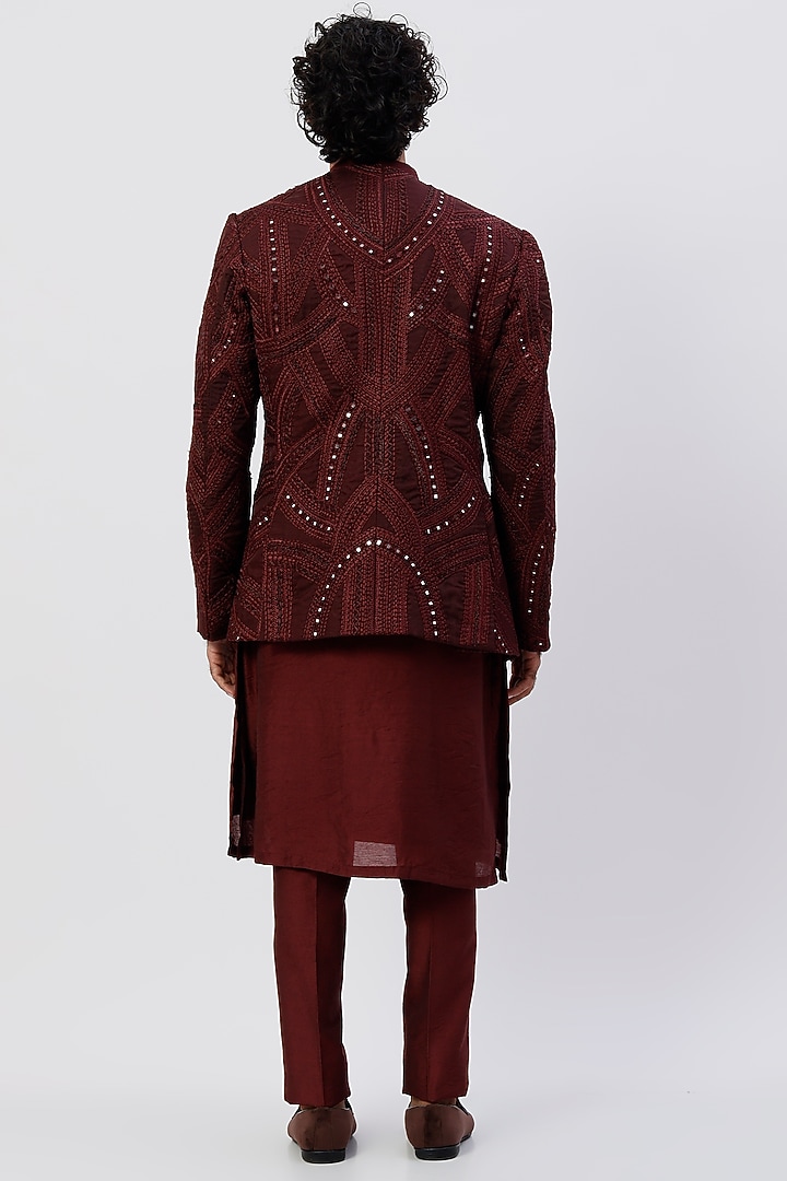 Wine Raw Silk Thread Embroidered Bundi Jacket Set by Sarab Khanijou at Pernia's Pop Up Shop