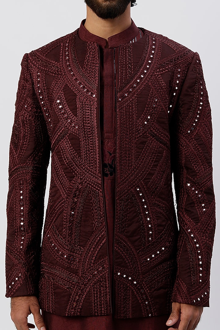 Wine Raw Silk Thread Embroidered Bundi Jacket Set by Sarab Khanijou at Pernia's Pop Up Shop