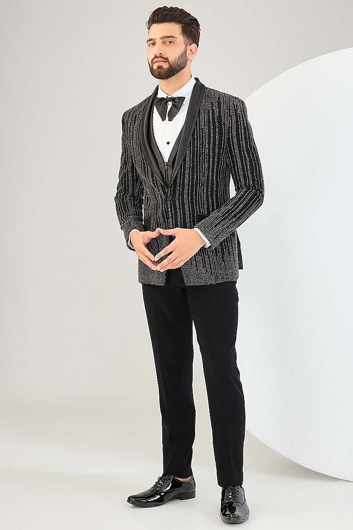 Black Suiting Fabric Bead Work Tuxedo Set by Sarab Khanijou at Pernia's Pop Up Shop