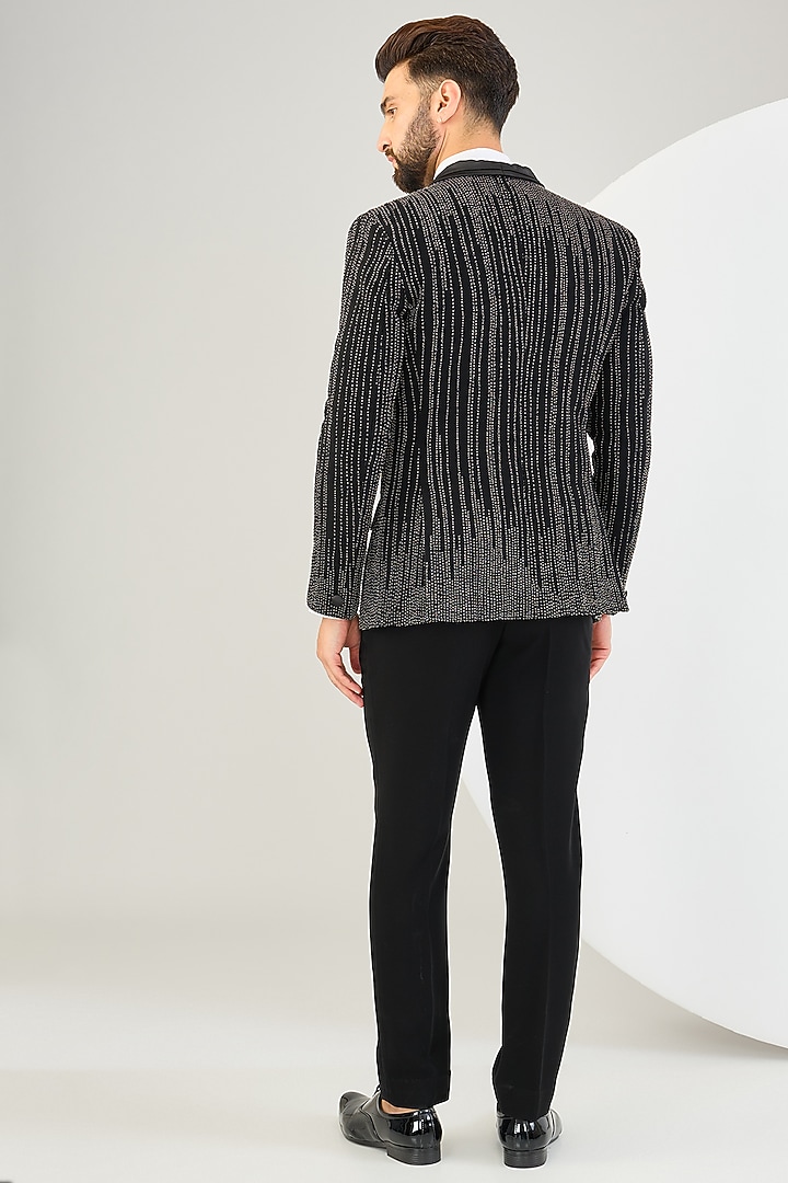 Black Suiting Fabric Bead Work Tuxedo Set by Sarab Khanijou at Pernia's Pop Up Shop