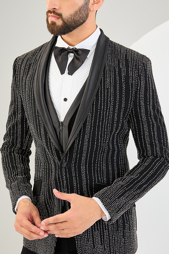 Black Suiting Fabric Bead Work Tuxedo Set by Sarab Khanijou at Pernia's Pop Up Shop