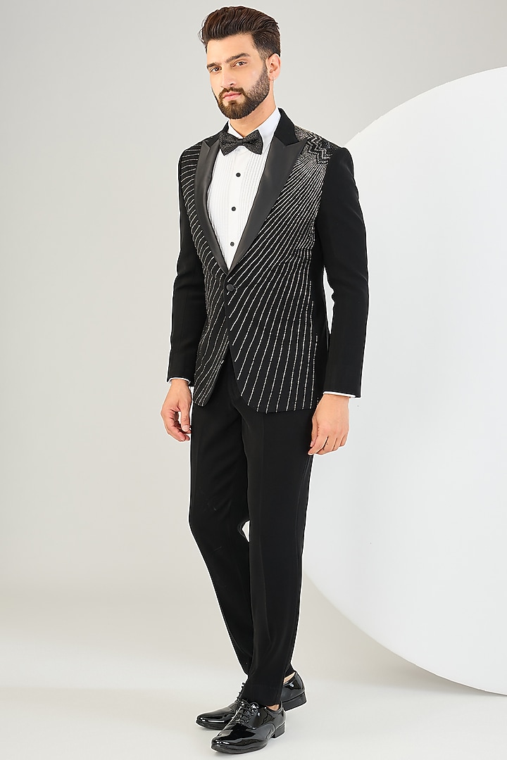 Black Suiting Fabric Bead Work Tuxedo Set by Sarab Khanijou