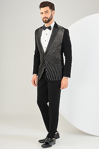 Black Suiting Fabric Bead Work Tuxedo Set by Sarab Khanijou