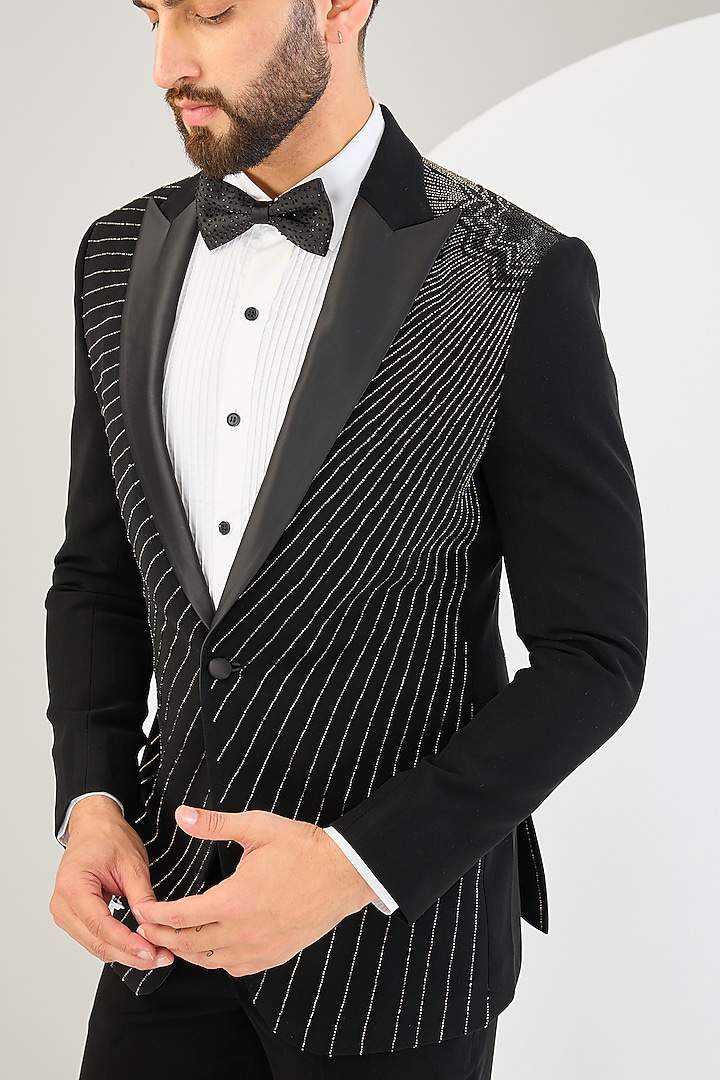 Black Suiting Fabric Bead Work Tuxedo Set by Sarab Khanijou at Pernia's Pop Up Shop