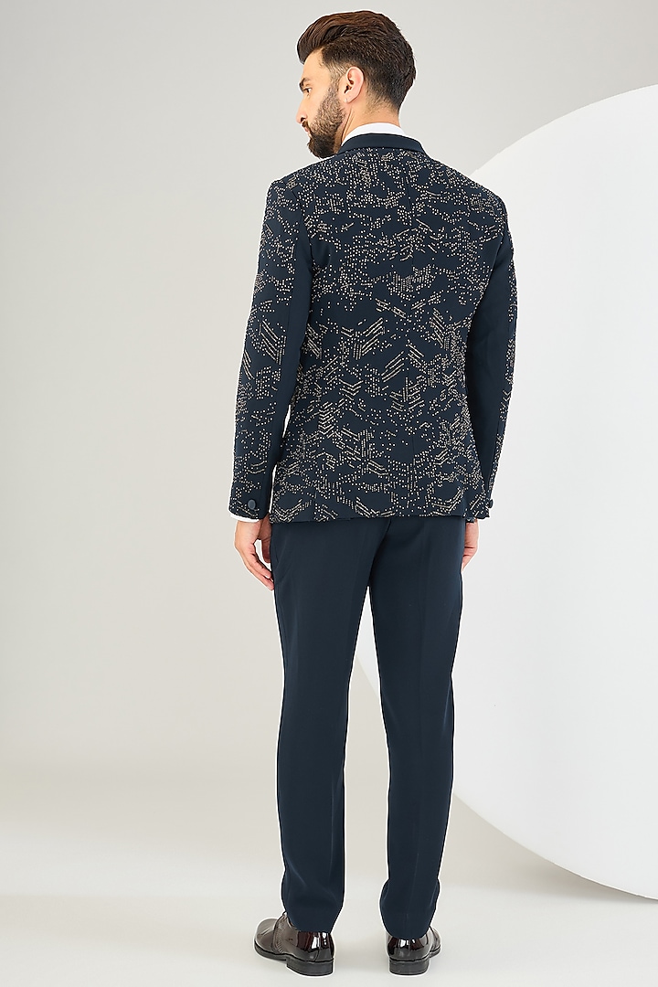 Navy Blue Suiting Fabric Bead Work Tuxedo Set by Sarab Khanijou at Pernia's Pop Up Shop