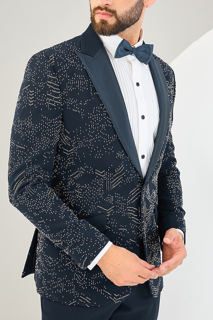 Navy Blue Suiting Fabric Bead Work Tuxedo Set by Sarab Khanijou at Pernia's Pop Up Shop