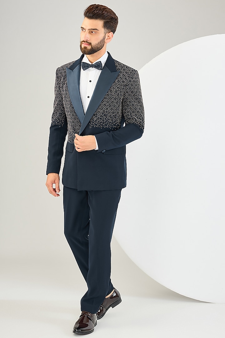 Navy Blue Suiting Fabric Bead Work Tuxedo Set by Sarab Khanijou