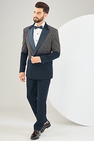 Navy Blue Suiting Fabric Bead Work Tuxedo Set by Sarab Khanijou