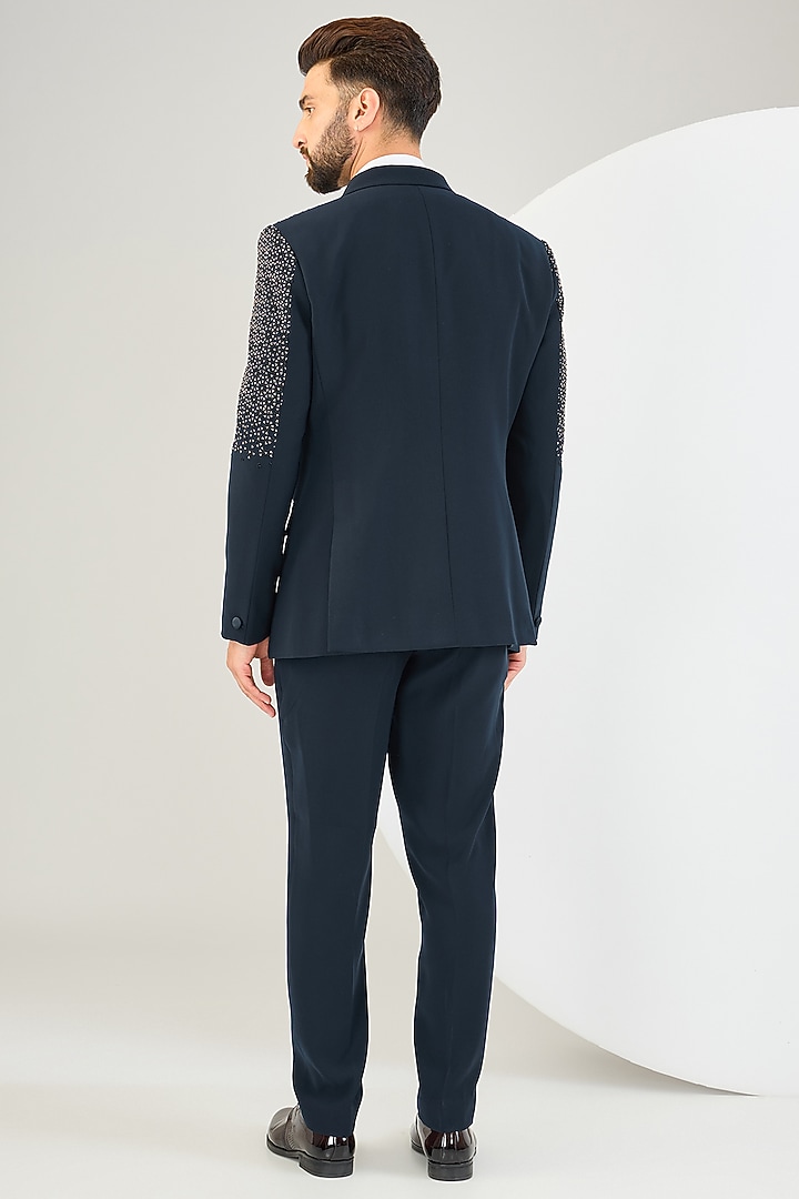 Navy Blue Suiting Fabric Bead Work Tuxedo Set by Sarab Khanijou at Pernia's Pop Up Shop