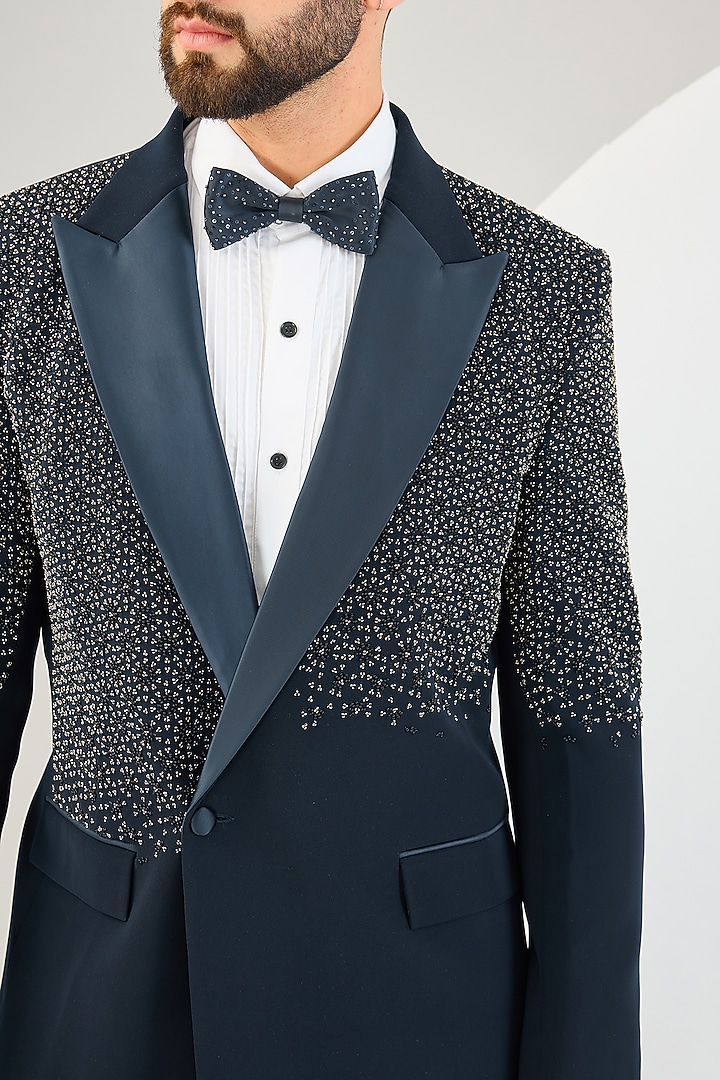 Navy Blue Suiting Fabric Bead Work Tuxedo Set by Sarab Khanijou at Pernia's Pop Up Shop