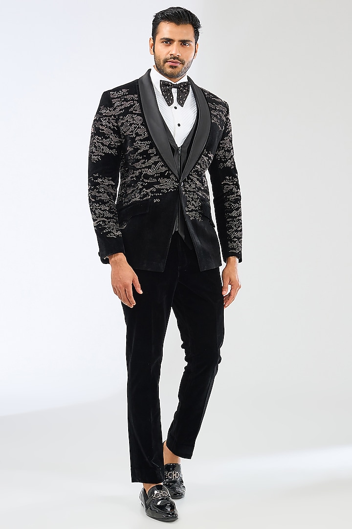 Black Suiting Fabric Beadwork Tuxedo Set by Sarab Khanijou at Pernia's Pop Up Shop